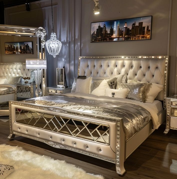 Bed Upholstered Tufted Mirrored /queen/king