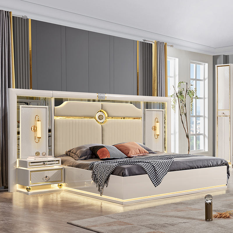 Contemporary Wood Leather Home Bedroom Frame Bed Set Double King - Image 2