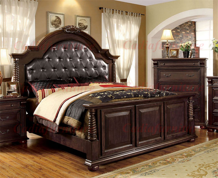 Luxury Leather Bedroom Set Antique Wooden Queen Cover - Image 2