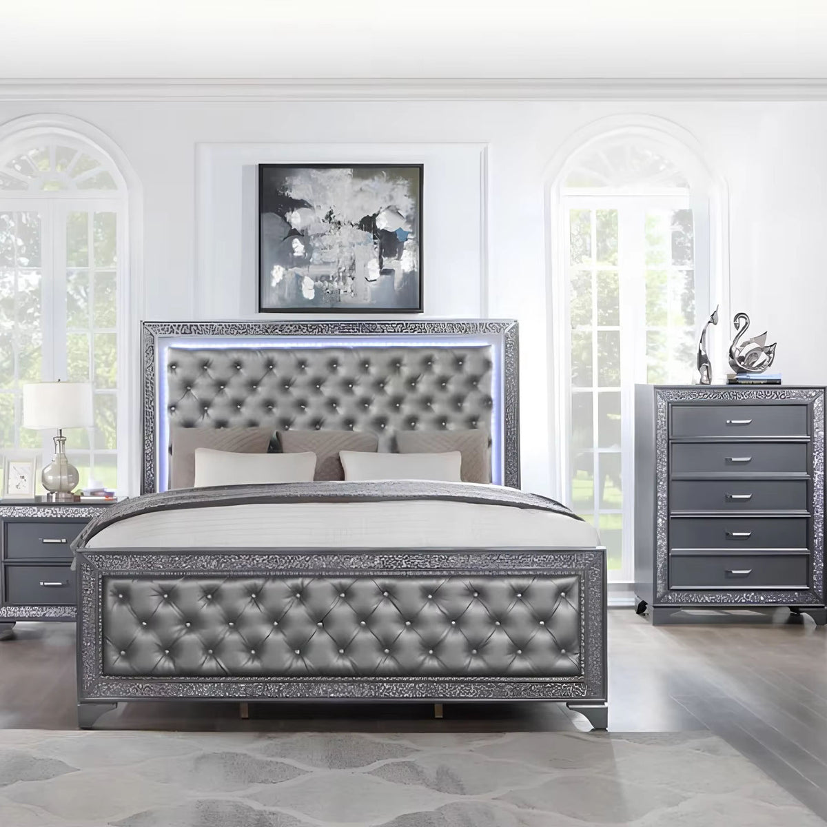 Modern Classic Bedroom Bed Table Set Led Dressing Wooden