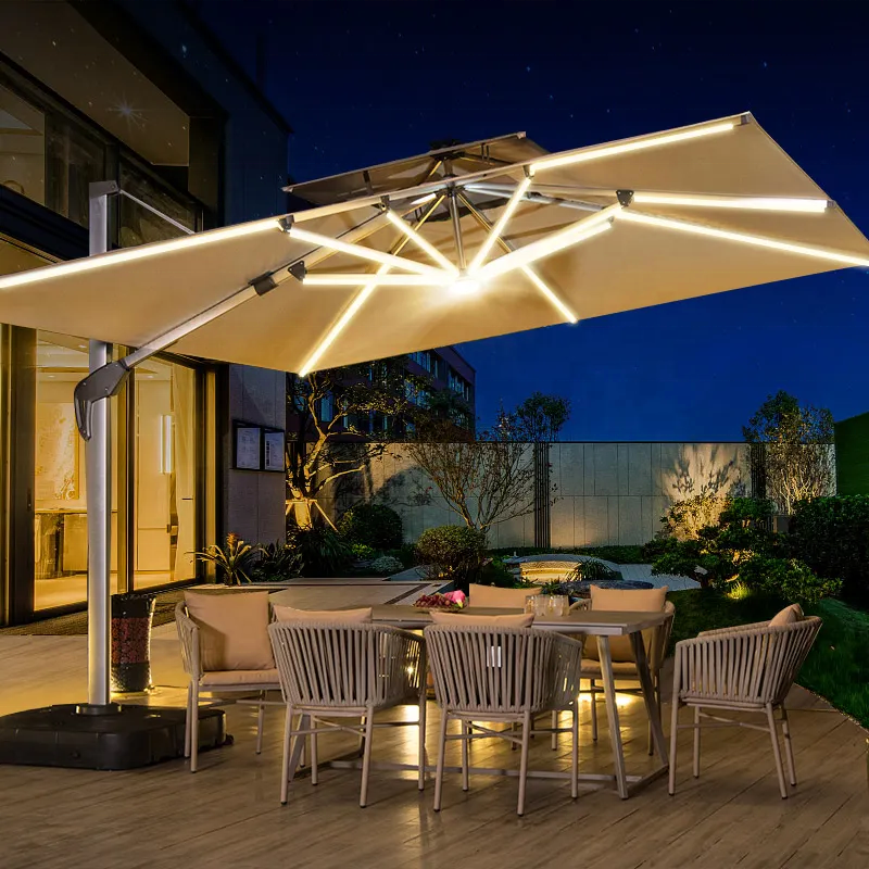 12ft Cantilever Solar Umbrella with LED Lights