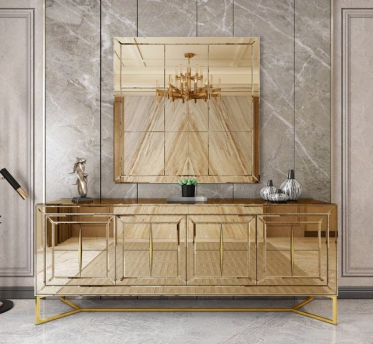 Luxury Stainless Steel Living Home Hotel Mirror Table Set Cabinet