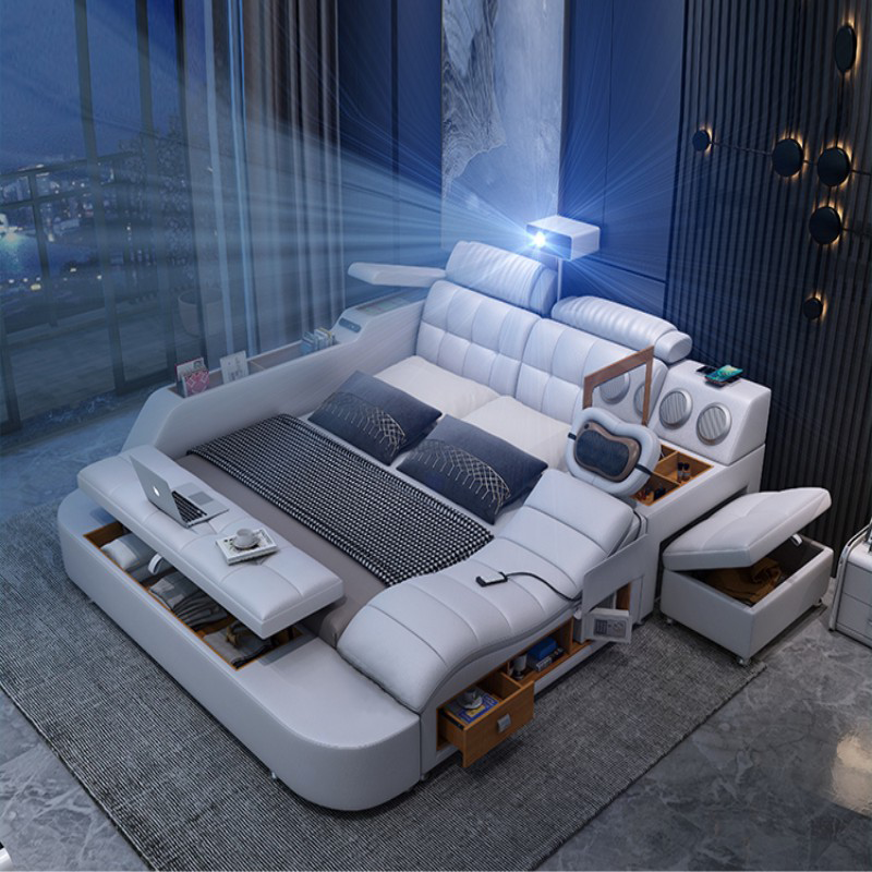 Luxury Smart Leather Fabric Bed Multifunctional Tatami King - Image 2