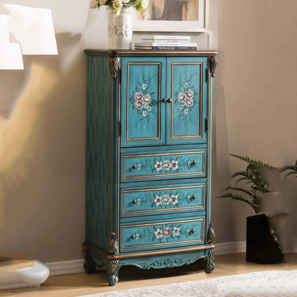 Vintage Wood Cabinet Display European Solid Wine Drawers Style