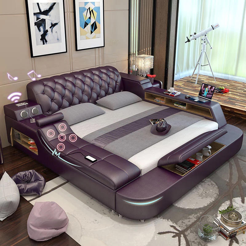 Smart Leather Bed Frame King Massage Audio Storage Compartments - Image 2