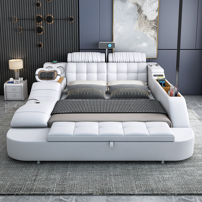 Luxury Smart Leather Fabric Bed Multifunctional Tatami King - Image 3