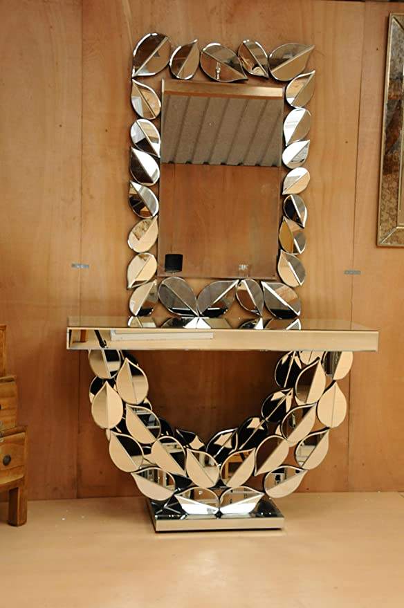 Glass Gold Living Hotel Console Table Mirror Leaf Room Tables - Image 2