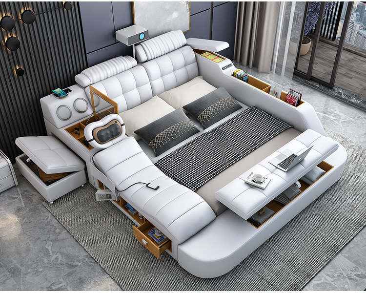Luxury Smart Leather Fabric Bed Multifunctional Tatami King