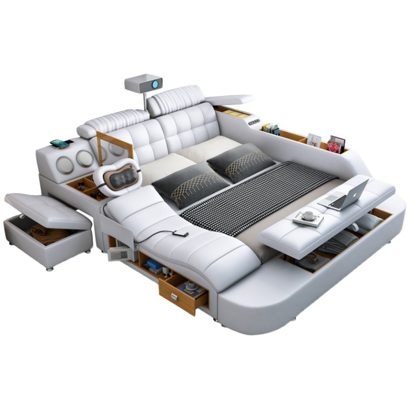 Luxury Smart Leather Fabric Bed Multifunctional Tatami King - Image 4