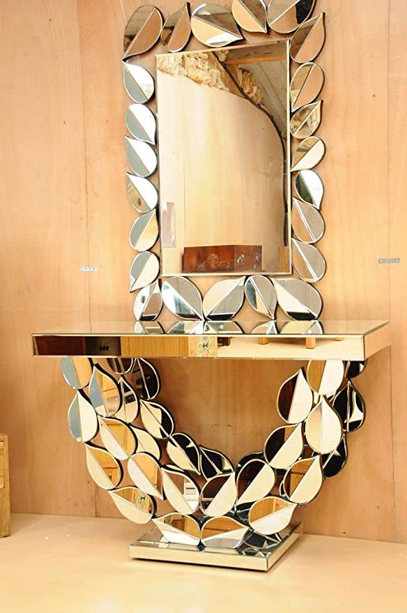 Glass Gold Living Hotel Console Table Mirror Leaf Room Tables - Image 4