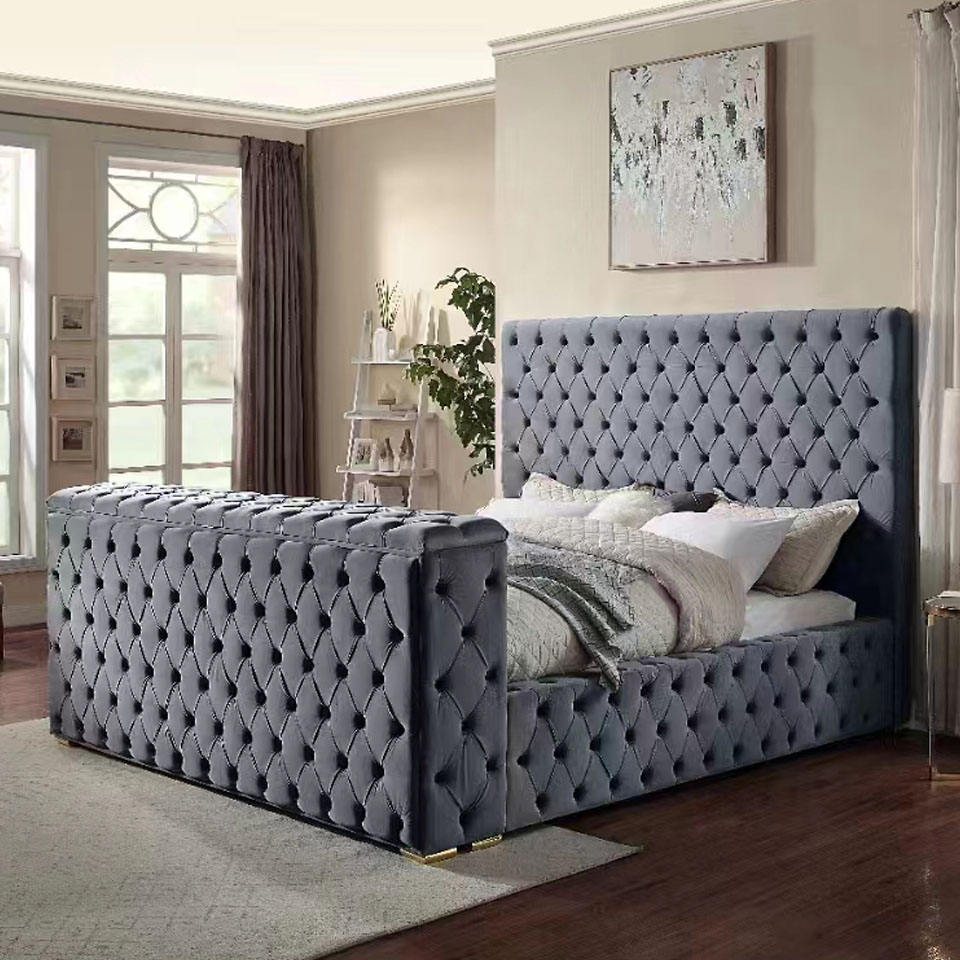 Bed Double Queen Size Upholstered Velvet Square Storage Build - Image 3
