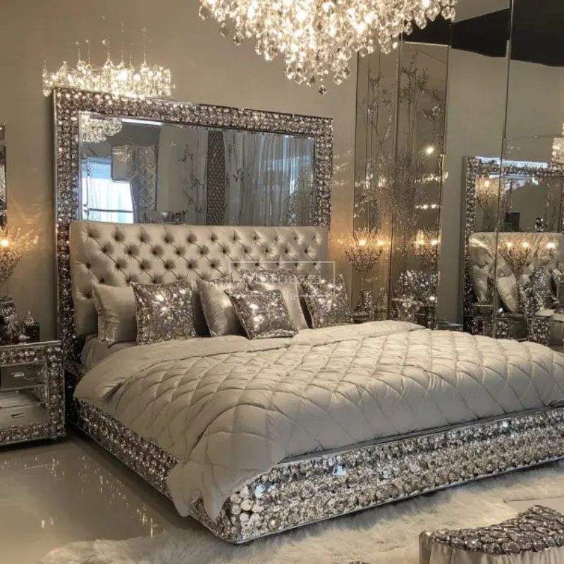 Modern Bedroom Bed Customizable Diamond Mirrored - Image 3