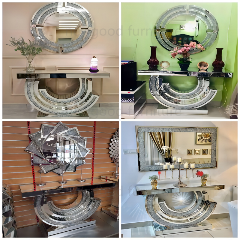 Modern Luxury Console Table Mirror Sparkling Crushed Diamond Mirrored Wall - Image 5