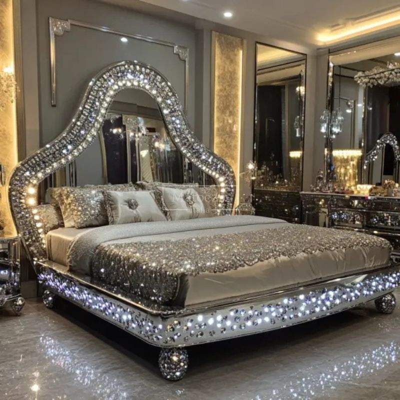 Modern Bedroom Bed Customizable Diamond Mirrored - Image 4