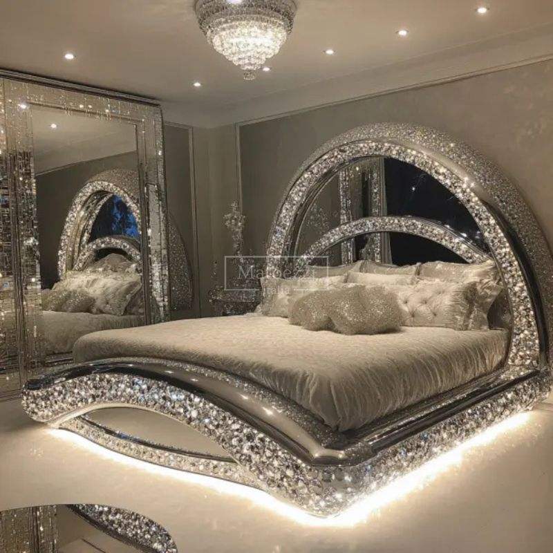 Modern Bedroom Bed Customizable Diamond Mirrored - Image 5
