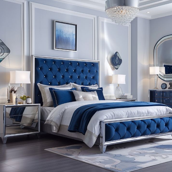 Elegant Bedroom Set Mirror Wooden Furniture King Size Headboard