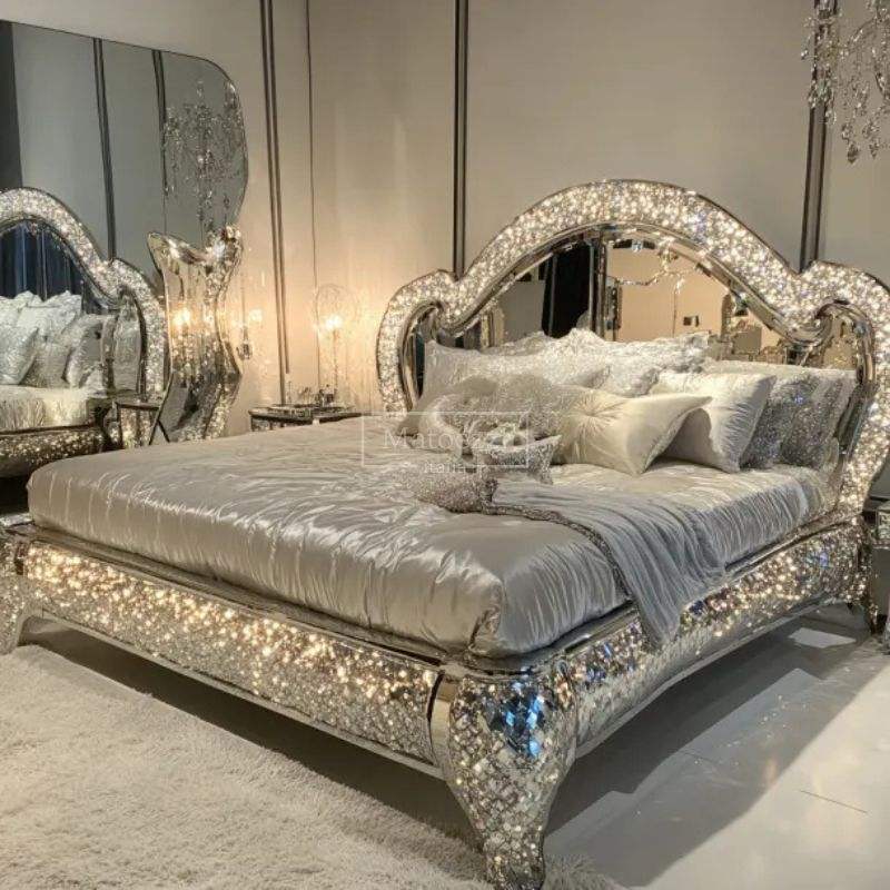 Modern Bedroom Bed Customizable Diamond Mirrored - Image 6